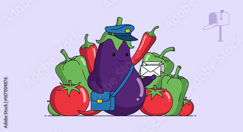Eggplant Postal Worker Delivering Letters Among Fresh Produce with a Cheerful Expression