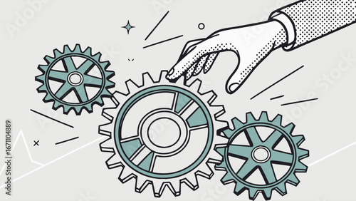 Interlocking Gears Mechanism Hand Adjusting Cogwheels Teamwork and Collaboration Concept Illustration.