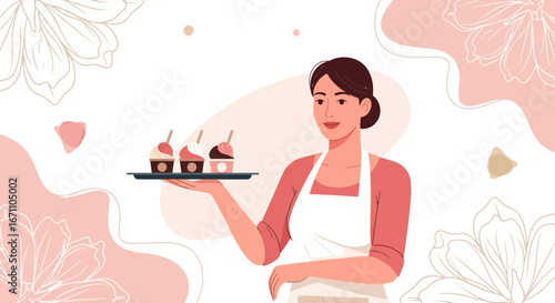 Elegant Baker Presenting Artfully Designed Miniature Desserts on Floral Backgrounds Illustration
