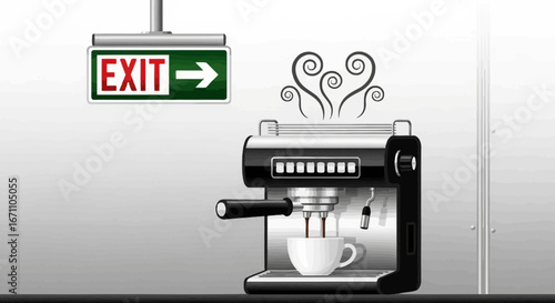 Coffee Machine Delivering Brewed Beverage With Exit Sign Displayed For Departure