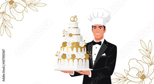 Elegant Chef Presenting Elaborate Wedding Cake Decoration For Celebration Event