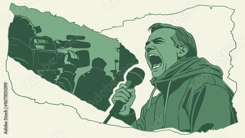 Man speaking into microphone with cameramen in background protest demonstration speech announcement news media event rally activist voice opinion communication expression public speaking advocacy soc.