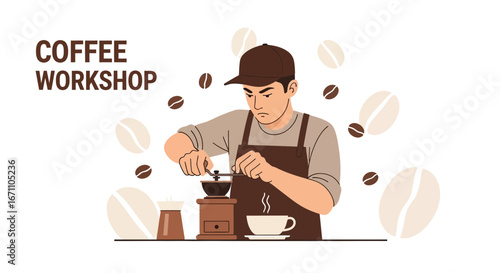 Coffee Workshop Illustration Depicting Barista and Coffee Beans Preparing Fresh Brewed Drink