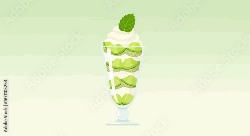 Elegant Glass Of Green Melon Sundae Dessert Adorned With Whipped Cream And Mint Leaf