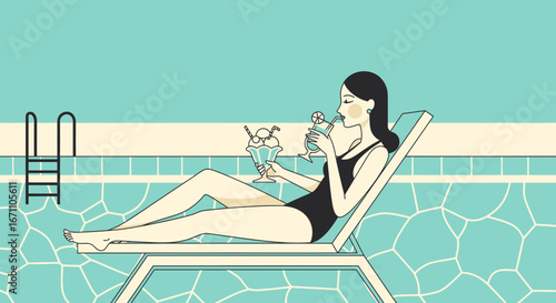 Elegant Woman Relaxing Beside Pool, Enjoying Beverages, Summer Leisure Illustration