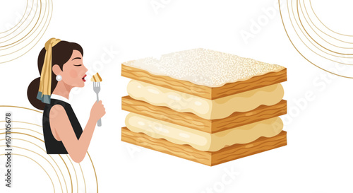 Elegant Woman Tastes Exquisite Pastry Cake Delighting in a Sophisticated Experience
