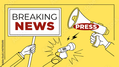 Breaking News Announcement Megaphone Sign and Microphone Illustration.
