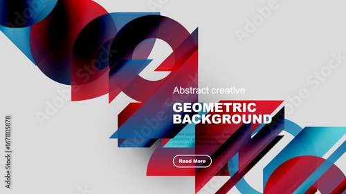 Abstract geometric shapes overlap, creating dynamic red, blue composition. Dark background contrasts bright elements. Modern design.
