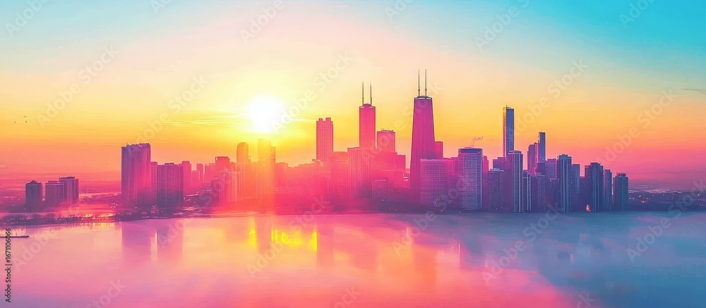 Fototapeta premium Beautiful Dawn Casting Warm Light Over City Heights