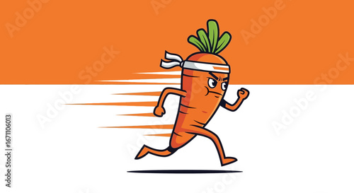 Energetic Carrot Mascot Running with Determined Expression and Speed Lines Background Design