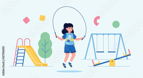 Energetic Child Skipping Jump Rope, Having Fun In The Park Playground