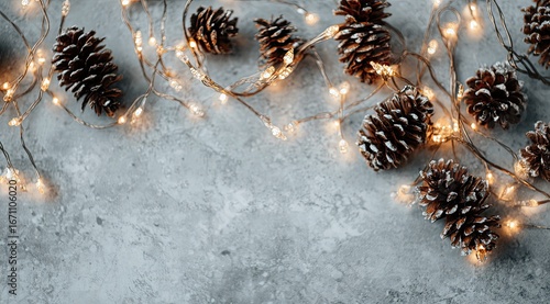 Christmas pine cones with fairy lights on a gray surface
