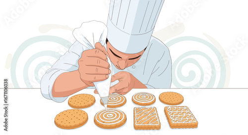 Confectioner Adding Icing Decoration To Biscuits Isolated On White Background Illustration