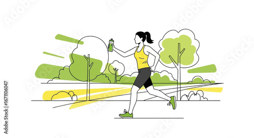 Energetic Fitness Woman Jogging Through Park with Hydration Bottle, Outdoors