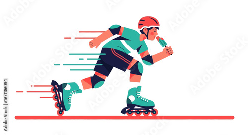 Energetic Rollerblader Enjoying a Frozen Treat During High-Speed Outdoor Adventure
