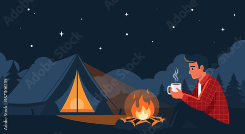 Enjoying Coffee By The Campfire: A Peaceful Moment Beneath Starry Skies Illustration