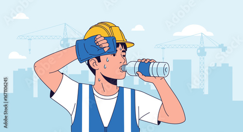 Construction Worker Hydrating And Cooling Down During A Hot Summer Day Illustration