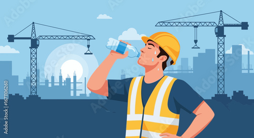 Construction Worker Hydrating on a Hot Day Under the Sun with Cranes and Buildings