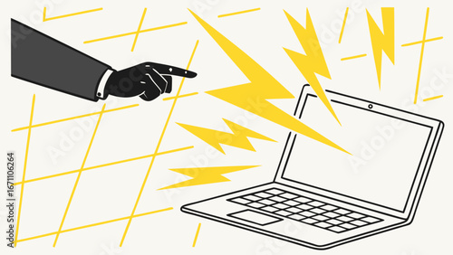 Laptop malfunction computer error digital attack technology failure hand pointing at laptop lightning bolts electricity shock online security breach system crash cyber attack illustration digital pro.