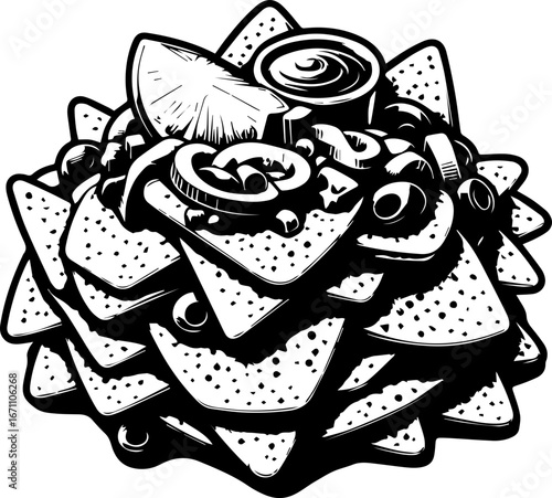 Illustration of a large pile of nachos with toppings and a side of sauce in black and white style
