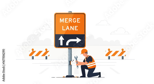 Construction Worker Repairing Road Sign On A Cloudy Day With Safety Barriers Present