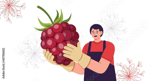 Enthusiastic Individual Showcasing Harvested Giant Raspberry Berry Fruit Illustration