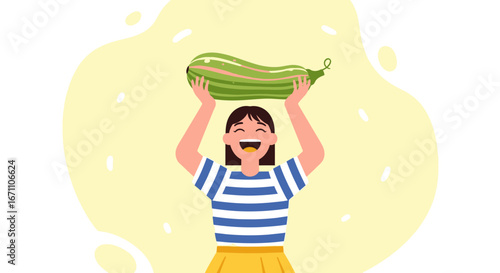 Enthusiastic Woman Celebrating Zucchini Harvest and Promoting Local Produce