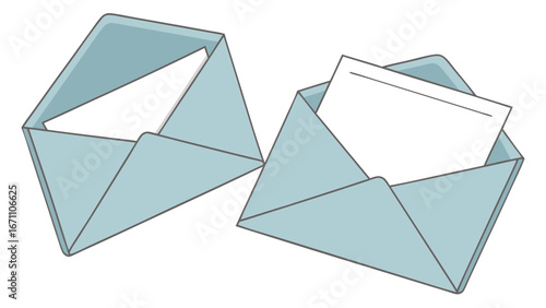 Two Open Envelopes with Blank Paper Correspondence Stationery Mail Message Communication Invitation Postcard Graphic Design Element.