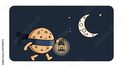 Cookie Adventure Under Moonlight with Lantern, Embracing the Night's Enchantment