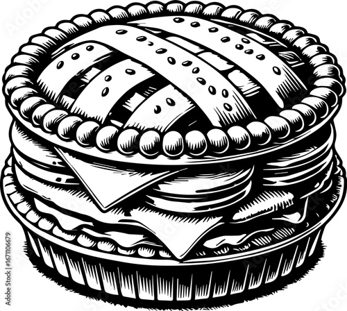 Detailed monochrome illustration of a stacked pie with lattice crust and visible filling layers