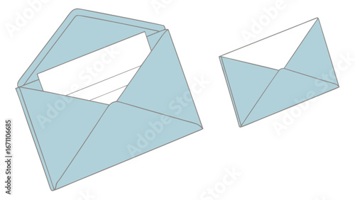 Two Light Blue Envelopes One Open Showing Blank Paper Illustration Stationery Mail Correspondence Communication Message.