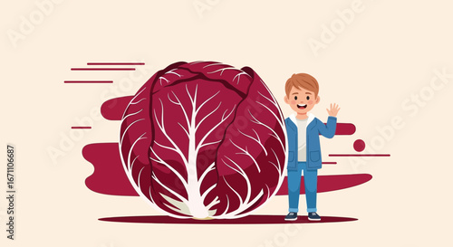 Enthusiastic Young Boy Greets Near a Large, Vibrant Cabbage Illustration