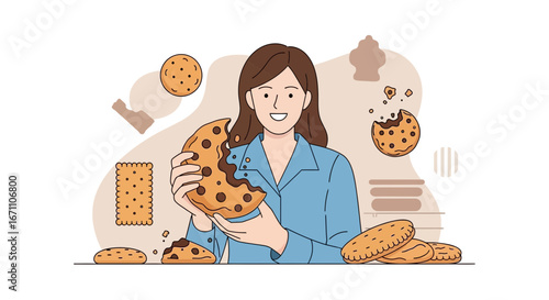 Enthusiastic Woman Holding And Eating Big Chocolate Chip Cookies With Delight