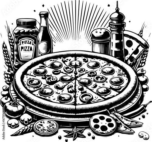 A black and white illustration of a pizza surrounded by ingredients and cooking utensils artfully arranged