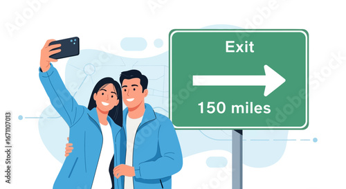 Couple Capturing Moment on Road Trip Near Exit Sign, Sharing Joy and Travel