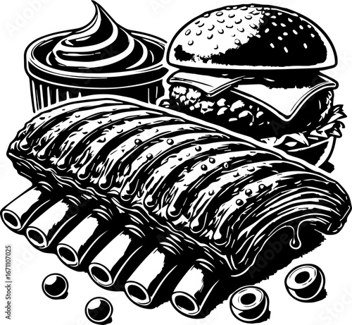 Detailed monochrome illustration of ribs burger sauce and small round objects arranged together nicely