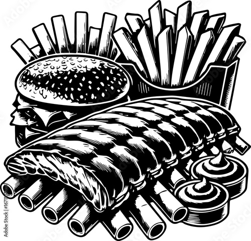 Illustration of a burger with fries and ribs accompanied by two dipping sauces in black and white