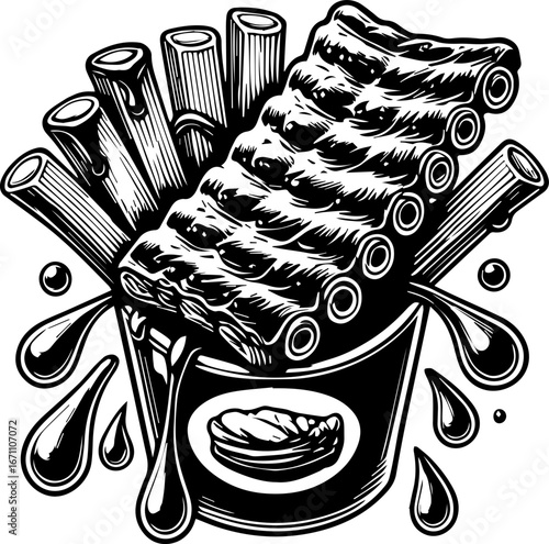 Illustration of a bucket filled with ribs and bones with dripping sauce in black and white style