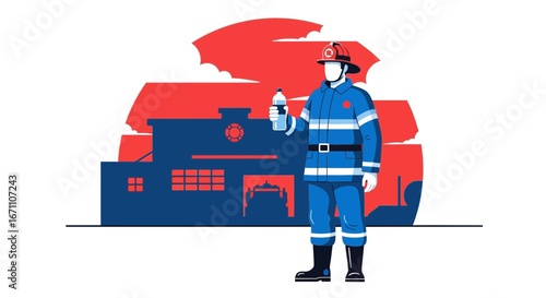Courageous Firefighter Holding Water Bottle Outside Building: A Modern Illustration