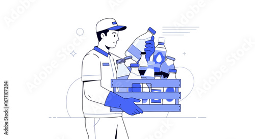 Courier Carries Crate Of Beverages, Illustrating Delivery Service And Refreshment Supply