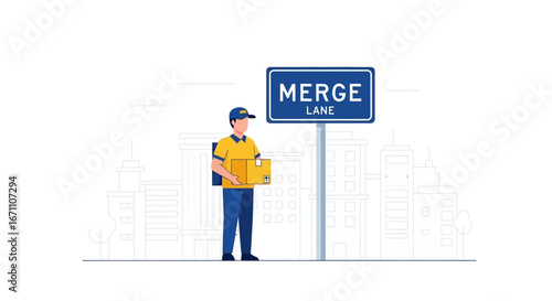 Courier Carrying Package Under Merge Lane Sign In Urban Setting, Flat Illustration