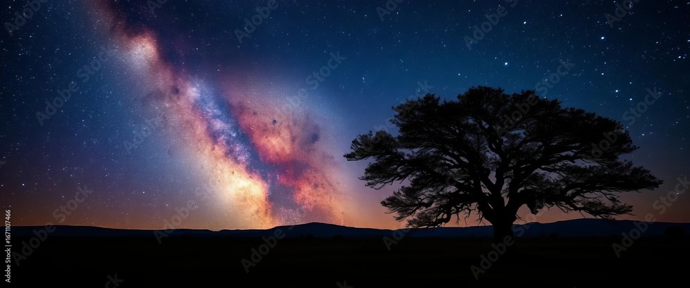 Fototapeta premium Dark acacia tree silhouette against vibrant Milky Way, Masai Mara, Kenya, night sky, dramatic
