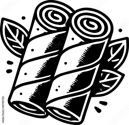 Illustration of two spring rolls with leaves and small dots in black and white style drawing art