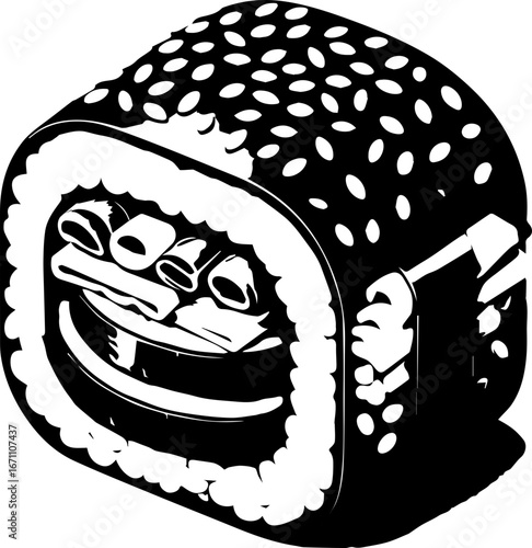 Illustration of a maki sushi roll with rice and fillings in black and white graphic style design