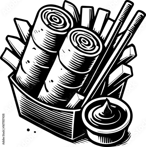 Monochrome illustration of spring rolls and fries in a container with a dipping sauce cup nearby