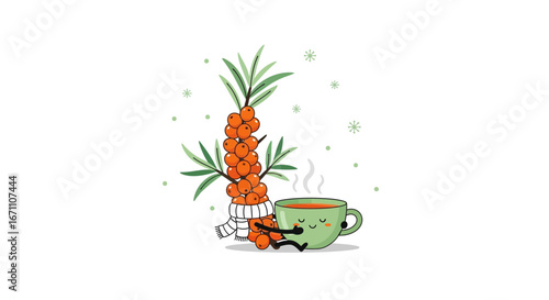 Cozy Autumnal Scene Depicting Sea Buckthorn and Warm Delightful Tea