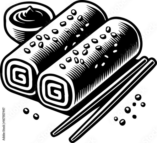 Illustration of two spring rolls with sesame seeds, dipping sauce, and chopsticks in black and white