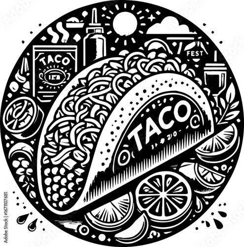 Black and white circular design featuring a taco with various food and drink elements surrounding it nicely