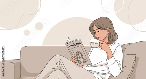 Cozy Lifestyle: Woman Relaxing With Milk Tea and Reading a Magazine on a Sofa