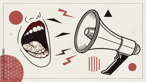 Stylized Illustration of a Mouth Shouting into a Megaphone Abstract Geometric Design Announcement Communication Concept.